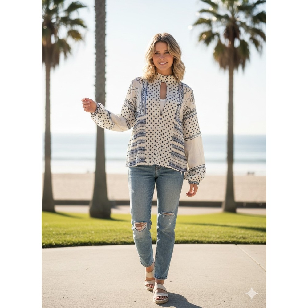 Rip Curl Women's M Blue White Print High Neck Long Sleeve Blouse Keyhole
